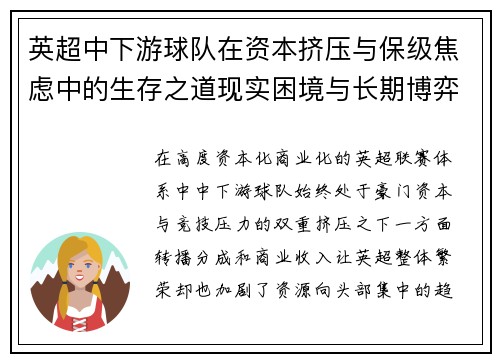 英超中下游球队在资本挤压与保级焦虑中的生存之道现实困境与长期博弈